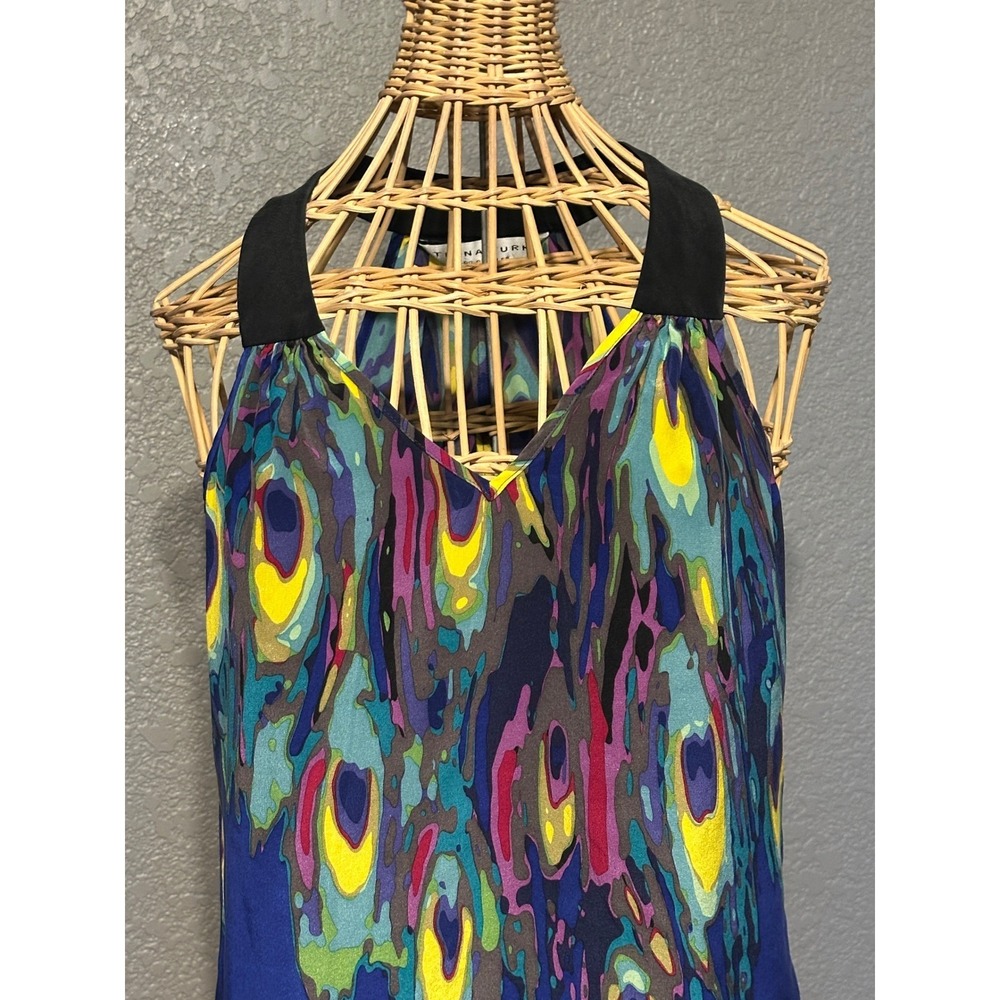 Trina Turk Silk Halter Top Blue Peacock Print V-Neck Women S Whimsigoth - Picture 3 of 15